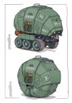  1other absurdres bag border curled_up gatling_santouhei ground_vehicle gun highres isopod machine_gun mecha mechanization military military_vehicle motor_vehicle original science_fiction tank weapon white_background white_border 