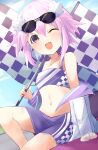  1girl ;d absurdres alternate_costume bare_shoulders bimmy blush checkered_flag crop_top d-pad d-pad_hair_ornament day eyewear_on_head flag hair_ornament happy highres holding holding_flag jacket knee_up looking_at_viewer medium_hair midriff miniskirt navel neptune_(neptune_series) neptune_(series) off_shoulder one_eye_closed open_clothes open_jacket outdoors purple_eyes purple_hair purple_skirt purple_tank_top sitting skirt smile solo sunglasses tank_top 