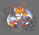  2022 2_tails 5_fingers anthro biped blue_eyes canid canine clothing colored_sketch dipstick_tail electricity fingers footwear fox fur gigidutreix gloves handwear hi_res looking_at_viewer mammal markings miles_prower multi_tail orange_body orange_fur sega shoes sketch sneakers solo sonic_the_hedgehog_(series) tail_markings white_body white_clothing white_fur white_gloves white_handwear 
