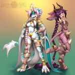  abluedeer anthro armor bat_wings blush breasts clothed clothing covering_chest dragon duo embarrassed female fur hair hi_res horn inner_ear_fluff long_hair mammal membrane_(anatomy) membranous_wings navel piercing pink_body pink_fur pink_hair ponytail purple_hair tail_tuft teal_scales teal_wings tuft unconvincing_armor wings 