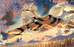  arcanine bright_pupils cloud commentary_request fangs from_side jumping looking_at_viewer looking_down no_humans outdoors p!k@ru pokemon pokemon_(creature) rain sky solo sun white_pupils 