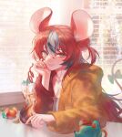  1girl absurdres animal_ear_fluff animal_ears bangs bendy_straw black_hair blue_bow bow collarbone cup drinking_straw english_commentary hakos_baelz handot_(d_yot_) highres hololive hololive_english hood hoodie leaning_forward mouse_ears mouse_girl mr._squeaks_(hakos_baelz) multicolored_hair orange_hoodie red_hair smile solo streaked_hair virtual_youtuber white_hair 