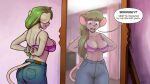  anthro big_breasts bottomwear bra breasts butt clothing clothing_too_small denim denim_clothing dialogue dressing female fur furgonomics green_hair grey_body grey_fur hair jeans katie_tinson looking_at_mirror looking_at_object mammal mirror mouse murid murine pants rodent solo speech_bubble t-kay underwear 