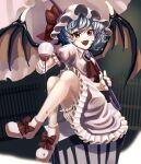  1girl :d absurdres alcohol ascot bat_wings bloomers blue_hair brooch cup drinking_glass fang full_body hat hat_ribbon highres holding jewelry kstr looking_at_viewer mob_cap moon open_mouth puffy_sleeves red_eyes remilia_scarlet ribbon shoes short_hair short_sleeves sitting skirt smile solo spilling touhou underwear white_legwear wine wings 