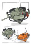  absurdres beyblade cannon gatling_santouhei ground_vehicle highres mecha military military_vehicle motor_vehicle no_humans original parody simple_background tank vehicle_focus white_background 