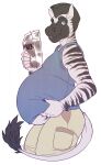  5_fingers anthro belly belly_grab beverage big_belly blue_clothing blue_eyes blue_shirt blue_tank_top blue_topwear clothing equid equine fingers hi_res holding_beverage holding_object male mammal milk milk_carton mulk overweight overweight_anthro overweight_male shirt simple_background solo stripes tank_top the-narutoshi topwear white_background zane_(vexatious_twattery) zebra 