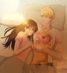  1boy 2girls absurdres anya_(spy_x_family) azezazel bangs bed black_hair blonde_hair closed_eyes cuddling family girl_on_top highres long_hair lying multiple_girls pink_hair shirt sleeping spy_x_family sunlight twilight_(spy_x_family) yor_briar 