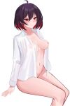  1girl absurdres aircell bangs bob_cut breasts closed_mouth highres honkai_(series) honkai_impact_3rd invisible_chair navel nipples no_panties polo_shirt red_eyes red_hair seele_(alter_ego) seele_vollerei short_hair simple_background sitting smile solo white_background 