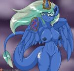  absurd_res anthro blue_body blue_feathers blue_nipples breasts cutie_mark equid equine eyewear fan_character fangs feathered_wings feathers female genitals glasses glowing glowing_horn green_hair hair hasbro hi_res horn hybrid long_hair long_tail magic mammal monster my_little_pony nipples nova_spark novaspark nude pussy signature smile standing tatzlpony text url winged_unicorn wings 