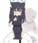  1boy 1girl animal_ear_fluff animal_ears bald black_dress black_hair blue_archive china_dress chinese_clothes clothed_female_nude_male dress faceless faceless_male green_eyes hand_on_another&#039;s_knee hand_on_another&#039;s_shoulder hand_on_own_chest healthyman hetero highres legs long_hair looking_at_viewer nude short_sleeves shun_(blue_archive) shun_(kid)_(blue_archive) smile spread_legs squatting thighhighs thighs tiger_ears tiger_girl twintails white_legwear 