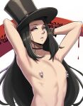 1other androgynous armpits arms_up ascot black_hair bow bowtie dross gloves guilty_gear guilty_gear_strive hat highres long_hair looking_away midriff nipple_piercing nipples outstretched_arms parted_lips piercing scythe skull solo testament_(guilty_gear) top_hat 