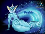  absurd_res anthro areola big_areola big_breasts black_eyes black_nose blue_body breasts deltavinny eeveelution female frill_(anatomy) hand_on_leg hand_on_thigh head_crest head_frill hi_res lying membrane_(anatomy) nintendo on_side pok&eacute;mon pok&eacute;mon_(species) simple_background smile solo sophia_(deltavinny) thick_thighs vaporeon video_games 