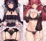  1girl ass_visible_through_thighs bangs bat_wings between_breasts black_garter_belt black_hair black_legwear black_nails black_necktie black_panties blunt_bangs bow bow_panties breasts chain cleavage close-up clothes_lift collar commentary dakimakura_(medium) demon_girl dress eyebrows_visible_through_hair fangs fingernails flower frilled_panties frilled_sleeves frills garter_belt gothic_lolita green_eyes hair_flower hair_ornament hand_on_own_thigh headdress highres horns iwbitu kuroe_shizuku large_breasts leash lifted_by_self lolita_fashion long_fingernails long_hair long_sleeves looking_at_viewer lying multiple_views nail_polish navel necktie necktie_between_breasts on_back panties parted_lips pointy_ears purple_eyes red_hair rizu-kyun smile sono_bisque_doll_wa_koi_wo_suru stomach tally thigh_gap thighhighs two_side_up underwear wide_sleeves wings 