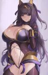  1girl absurdres alternate_costume bangs black_hair breasts cleavage fire_emblem fire_emblem_awakening grey_background highres huge_breasts kataku_musou long_hair looking_at_viewer midriff open_mouth purple_eyes solo tharja_(fire_emblem) thick_thighs thighs very_long_hair 