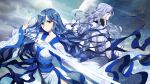  1boy 1girl blue_hair cang_yue_(tou_xing_jiuyue_tian) highres hulianwang_xiao_jing_0 japanese_clothes katana kimono long_hair long_sleeves moon neck planet pose sash sword tou_xing_jiuyue_tian upper_body weapon white_hair 