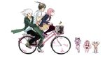  1girl 2boys :d ahoge animal_ears bangs bicycle bikini black_bikini black_jacket black_pants black_shirt brown_skirt collarbone danganronpa_(series) danganronpa_2:_goodbye_despair dress_shirt eyebrows_visible_through_hair fake_animal_ears flipped_hair from_side green_jacket green_pants ground_vehicle hand_under_clothes hand_under_shirt highres hinata_hajime jacket komaeda_nagito medium_hair midori_(310ri_21) monokuma multiple_boys multiple_views muscular muscular_female nanami_chiaki open_clothes open_jacket open_mouth pants pink_hair pleated_skirt shirt skirt smile surprised sweat swimsuit thighhighs white_hair white_shirt 