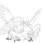  1girl breasts centauroid claws completely_nude greyscale medium_breasts monochrome monster_girl mullmull02 multiple_wings nude original simple_background sketch solo sphinx talons taur white_background wings 