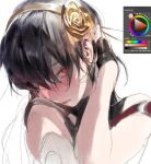  1girl adobe_photoshop bangs black_gloves blush eyebrows_behind_hair fingerless_gloves flower gloves gold_hairband hair_flower hair_ornament head_tilt highres kurii89800727 looking_at_viewer portrait sketch solo spy_x_family white_background yellow_flower yor_briar 