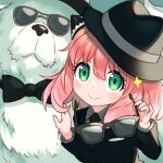  1girl anya_(spy_x_family) black_bow bow child dog fedora green_eyes hat hisana looking_at_viewer pink_hair short_hair smile spy_x_family sunglasses tuxedo 