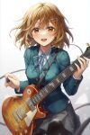  1girl :d absurdres aimbek bangs black_legwear blue_jacket blue_ribbon breasts brown_eyes brown_hair collared_shirt electric_guitar floating_hair grey_skirt guitar hair_ornament hairclip highres hirasawa_yui holding holding_instrument holding_plectrum instrument jacket k-on! looking_at_viewer medium_breasts medium_hair neck_ribbon open_mouth pantyhose pleated_skirt plectrum ribbon sakuragaoka_high_school_uniform school_uniform serafuku shirt skirt smile solo white_shirt 