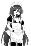  1girl apron candy chocolate chocolate_on_body chocolate_on_breasts cowboy_shot flat_chest food food_on_body greyscale heart heart-shaped_chocolate heart_hands highres long_hair looking_at_viewer maid_headdress monochrome mouth_hold naked_apron neck_ribbon ohlia puffy_short_sleeves puffy_sleeves ribbon shakugan_no_shana shana short_sleeves shrug_(clothing) simple_background solo thighhighs valentine very_long_hair waist_apron white_background wristband 
