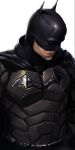  1boy armor batman belt black_belt black_cape breastplate cape grey_background helmet looking_away male_focus original_nasu pouch shiny shiny_clothes simple_background solo the_batman_(2022) 