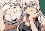  1girl animal_ears bangs bare_shoulders black_nails breasts cleavage closed_mouth dog_tags eyebrows_visible_through_hair fingernails green_background grey_eyes grey_hair hair_between_eyes half-closed_eyes hololive large_breasts lion lion_ears long_hair looking_at_viewer otama_(atama_ohanabatake) sharp_fingernails shishiro_botan simple_background solo sports_bra tongue tongue_out twitter_username upper_body virtual_youtuber 