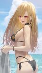  1girl absurdres bangs barbell_piercing bikini black_bikini black_choker blonde_hair blue_sky breasts choker cloud day earrings floral_print gradient_hair hara_kenshi highres jewelry kitagawa_marin long_hair looking_at_viewer medium_breasts multicolored_hair ocean open_mouth outdoors piercing red_eyes red_hair side-tie_bikini sky smile solo sono_bisque_doll_wa_koi_wo_suru swept_bangs swimsuit 