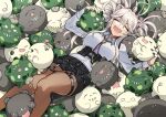  &gt;_&lt; 1girl =_= afterimage ahoge animal_ears bangs black_nails black_shorts blank_eyes blush_stickers bomb breasts brown_legwear camouflage collared_shirt corset drooling fang feet_out_of_frame fingernails grey_hair highres hololive large_breasts lion_ears long_hair long_sleeves lying mouth_drool o-ring on_back open_mouth otama_(atama_ohanabatake) pantyhose sharp_fingernails shirt shirt_tucked_in shishiro_botan shorts skin_fang smile speed_lines ssrb twitter_username virtual_youtuber white_shirt 