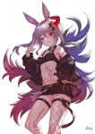  1girl absurdres animal_ears armpit_crease arpeggio_kaga bare_shoulders black_choker black_jacket black_skirt breasts choker cowboy_shot crop_top dark_persona feather_boa fishnet_legwear fishnets forbidden_alter_ego_(granblue_fantasy) granblue_fantasy grey_hair hair_ornament highres hololive horns jacket long_hair long_sleeves looking_at_viewer medium_breasts midriff miniskirt navel off_shoulder open_clothes open_jacket rabbit_ears red_eyes single_horn skirt sleeveless smile solo spaghetti_strap stomach stomach_tattoo tattoo thigh_strap thighs twintails usada_pekora virtual_youtuber x_hair_ornament 