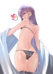  1girl ass back bare_shoulders bikini black_bikini blue_eyes fate/grand_order fate_(series) heart highres long_hair looking_at_viewer looking_to_the_side meltryllis_(fate) meltryllis_(swimsuit_lancer)_(fate) mentaiko_mamire prosthesis prosthetic_leg purple_hair shiny shiny_skin simple_background string_bikini swimsuit thigh_gap tongue tongue_out white_background 