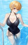  1girl absurdres bangs black_swimsuit blonde_hair blue_eyes blush breasts cleavage english_commentary eyebrows_visible_through_hair girls&#039;_frontline hair_between_eyes hair_ornament head_tilt highres large_breasts looking_at_viewer mole mole_on_breast one-piece_swimsuit open_mouth polla pool pool_ladder short_hair snowflake_hair_ornament solo swimsuit vsk-94_(girls&#039;_frontline) waist_cutout water wet wet_hair 