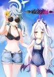  2girls adjusting_eyewear ako_(blue_archive) alternate_costume alternate_hairstyle armpits asuteru bangs bare_shoulders bikini black_bikini blue_archive blue_sky blue_swimsuit blush breasts cleavage cloud cloudy_sky collarbone commentary_request demon_girl demon_horns demon_wings denim denim_shorts earrings eyebrows_visible_through_hair flower forehead hair_between_eyes hair_flower hair_ornament hairclip halo height_difference highres hina_(blue_archive) hina_(swimsuit)_(blue_archive) horns jewelry lifebuoy long_hair looking_at_another looking_at_viewer low_twintails multiple_girls name_tag navel old_school_swimsuit one_side_up parted_bangs purple_eyes school_swimsuit short_shorts shorts sidelocks sky stomach sunflower sunglasses sweat swimsuit translation_request twintails white_hair wings 