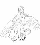  1girl breasts centauroid claws closed_mouth completely_nude greyscale highres jitome medium_breasts monochrome monster_girl mullmull02 multiple_wings navel nude original simple_background sketch solo sphinx tail talons taur white_background wings 