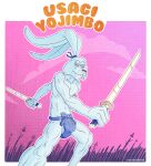  absurd_res anthro asian_clothing bulge clothing east_asian_clothing fundoshi hi_res japanese_clothing lagomorph leporid male mammal melee_weapon metrothefox rabbit solo sword underwear usagi_yojimbo weapon 