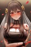 1girl absurdres bangs bare_shoulders blood blood_on_face blush breasts brown_hair dress hair_ornament highres holding holding_weapon jewelry knife large_breasts long_hair looking_at_viewer red_eyes ring solo spy_x_family veil weapon wedding_band yor_briar yuki_(asayuki101) 