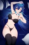  1girl artist_name blue_hair bra breasts choker cloud9 commentary commission dragon_girl dragon_horns english_commentary eyebrows_visible_through_hair hair_between_eyes highres horns large_breasts long_hair lying nanoless navel on_back one_eye_closed panties patreon_username pillow red_eyes smile solo thighhighs underwear very_long_hair vienna_(vtuber) virtual_youtuber watermark 
