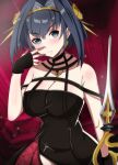  1girl absurdres bare_shoulders black_dress black_gloves blue_eyes blue_hair blurry blurry_background blush breasts cleavage cosplay couch curtains dress dvljoe earrings eyebrows_visible_through_hair fingerless_gloves gloves gold_earrings gold_hairband hair_intakes hand_up highres holding holding_sword holding_weapon hololive hololive_english jewelry large_breasts looking_at_viewer off-shoulder_dress off_shoulder ouro_kronii parted_lips reverse_grip rose_hair_ornament short_hair solo spikes spy_x_family sword two-sided_dress v-shaped_eyebrows virtual_youtuber weapon yor_briar yor_briar_(cosplay) 