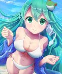  1girl bikini blue_eyes breasts cleavage frog frog_hair_ornament green_hair hair_ornament hair_tubes highres kisaragi_koushi kochiya_sanae long_hair medium_breasts navel snake snake_hair_ornament solo swimsuit touhou 