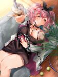  1girl arm_up azur_lane ball bangs bare_shoulders between_breasts black_choker black_hairband black_sweater bra_strap breasts bremerton_(azur_lane) bremerton_(day-off_date)_(azur_lane) bubble_tea cellphone choker cleavage collarbone commentary_request couch cowboy_shot cup disposable_cup dress drinking_straw eyebrows_visible_through_hair grey_hair hair_between_eyes hair_intakes hair_ornament hairband highres holding holding_cup holding_phone indoors jacket large_breasts leaf long_hair long_sleeves looking_at_viewer lying mole mole_on_breast multicolored_hair off-shoulder_sweater off_shoulder official_alternate_costume okame._(okame124) on_back one_eye_closed parted_lips phone pink_eyes pink_hair pink_nails racket shadow sidelocks smartphone smile solo star_(symbol) star_print strap_between_breasts streaked_hair sweater sweater_dress tennis_ball tennis_racket twintails two-tone_hair white_jacket window_shade wooden_floor 