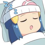  1girl beanie blanket blue_eyes blue_hair closed_eyes commentary dawn_(pokemon) english_commentary hair_ornament hairclip hat open_mouth pillow pokemon pokemon_(game) pokemon_bdsp saliva scarletsky sleeping white_headwear zzz 