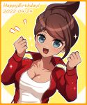  1girl artist_name asahina_aoi bangs blue_eyes border breasts brown_hair cleavage clenched_hands collarbone commentary_request danganronpa:_trigger_happy_havoc danganronpa_(series) dated green_eyes hair_ornament hands_up happy_birthday jacket large_breasts looking_at_viewer mikao_(eanv5385) notice_lines open_clothes open_jacket open_mouth orange_border red_jacket shirt short_hair smile solo upper_body white_shirt yellow_background 