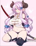  1girl asymmetrical_legwear bare_shoulders black_gloves black_legwear black_panties blue_butterfly blue_eyes blush braid breasts bug butterfly commentary_request crotch_seam draph elbow_gloves fingerless_gloves gloves granblue_fantasy hair_ornament hair_over_one_eye highres himukai_kyousuke horns katana large_breasts light_purple_hair long_hair looking_at_viewer low-tied_long_hair low_tied_hair narmaya_(granblue_fantasy) navel one_eye_covered panties pink_background pointy_ears seiza sheath sheathed shiny shiny_skin sitting skindentation smile solo sword thigh_strap thighs underwear uneven_legwear very_long_hair weapon 