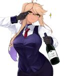  1girl absurdres ahoge alma_armas bartender black-framed_eyewear black_vest blonde_hair bottle breasts collared_shirt cosplay glasses highres holding holding_bottle jill_stingray jill_stingray_(cosplay) large_breasts long_hair long_sleeves mechanical_hands necktie over-rim_eyewear ponytail red_necktie semi-rimless_eyewear shirt simple_background smile solo va-11_hall-a vest white_background white_shirt yanagui yellow_eyes 