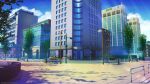  artist_name bench blue_sky building city cityscape cloud fence highres lamppost mb0sco mixed-language_commentary no_humans original outdoors reflection road scenery shadow sky street traffic_light tree watermark 