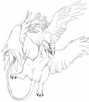  1girl breasts centauroid claws closed_mouth completely_nude greyscale highres looking_at_viewer lying medium_breasts monochrome monster_girl mullmull02 multiple_wings nipples nude on_back original simple_background sketch solo sphinx tail talons taur white_background wings 