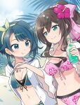  2girls :t aizawa_kazuha aqua_eyes arms_at_sides assault_lily asymmetrical_hair bangs bikini bikini_under_clothes blue_bikini blue_eyes blue_hair blue_sky blush bow bow_hairband breasts brown_hair buttons cleavage closed_mouth cloud commentary_request commission cross-laced_bikini cross-laced_clothes cup day dutch_angle eating floral_print flower front-tie_bikini front-tie_top hair_between_eyes hair_bow hairband hands_up hibiscus high_ponytail holding holding_cup holding_spoon holding_surfboard hood hood_down hooded_jacket jacket jewelry layered_bikini lens_flare long_hair long_sleeves looking_at_another looking_to_the_side medium_breasts medium_hair multiple_girls navel necklace official_alternate_costume open_clothes open_jacket open_shirt outdoors palm_tree pendant pink_bikini pink_bow pink_flower ponytail print_bikini serizawa_chikaru sharing_food shaved_ice shirt side-by-side sidelocks skeb_commission sky sleeves_past_elbows smile spoon standing stomach sun sunlight surfboard swimsuit toto_nemigi tree white_jacket white_shirt wide_sleeves yellow_bow yellow_hairband 