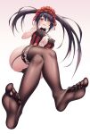  1girl absurdres ass asymmetrical_hair bangs black_hair black_legwear breasts brown_legwear cameltoe clock_eyes corset crossed_legs date_a_live eyes_visible_through_hair feet foot_focus frilled_hairband frills from_below garter_straps hair_between_eyes hair_over_one_eye hairband hand_on_own_cheek hand_on_own_face heterochromia highres invisible_chair lace-trimmed_legwear lace_trim large_breasts long_hair looking_at_viewer looking_down neck_garter no_shoes open_mouth red_eyes sidelocks simple_background sitting skindentation smile soles solo symbol-shaped_pupils thighhighs thighs tokisaki_kurumi twintails white_background wide_hips yellow_eyes zhi_jiyang 