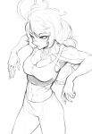  1girl abs aeyga blush breasts cleavage collarbone eyebrows_visible_through_hair greyscale highres leaning_back long_hair looking_ahead monochrome muscular muscular_female navel original pants scar scar_on_face scar_on_nose sketch solo tank_top white_background yoga_pants 