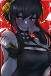  1340smile 1girl absurdres bare_shoulders black_hair blood blood_on_face blush breasts choker cleavage hairband highres holding holding_weapon large_breasts red_background red_eyes simple_background solo spy_x_family upper_body weapon yor_briar 